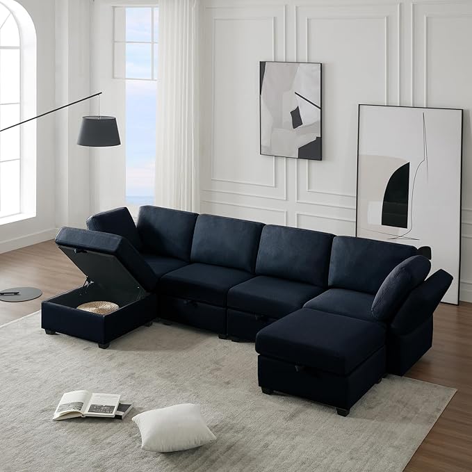 4 Seat U-Shape Linen Couch with 2 Reversible Storage Chaise