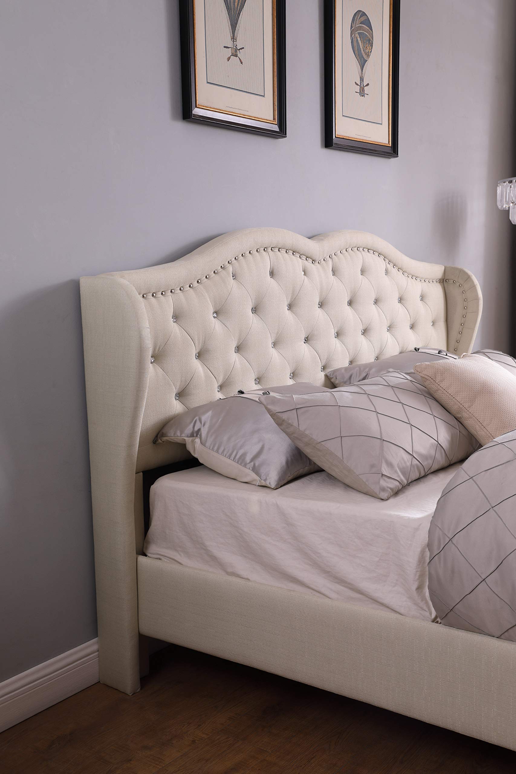 Premiere Curved Classics Cloth Light Beige Linen 51" Tall Headboard Platform Bed with Slats King - 019