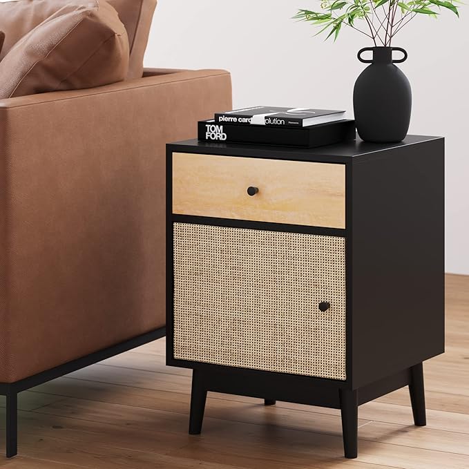 Mina Rattan Wood End Side Accent Table Nightstand