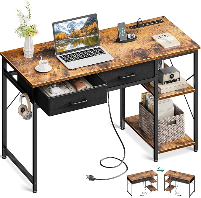 Laptop Desk, 40 Inch Small Desk with Drawers & Power Outlet for Bedroom