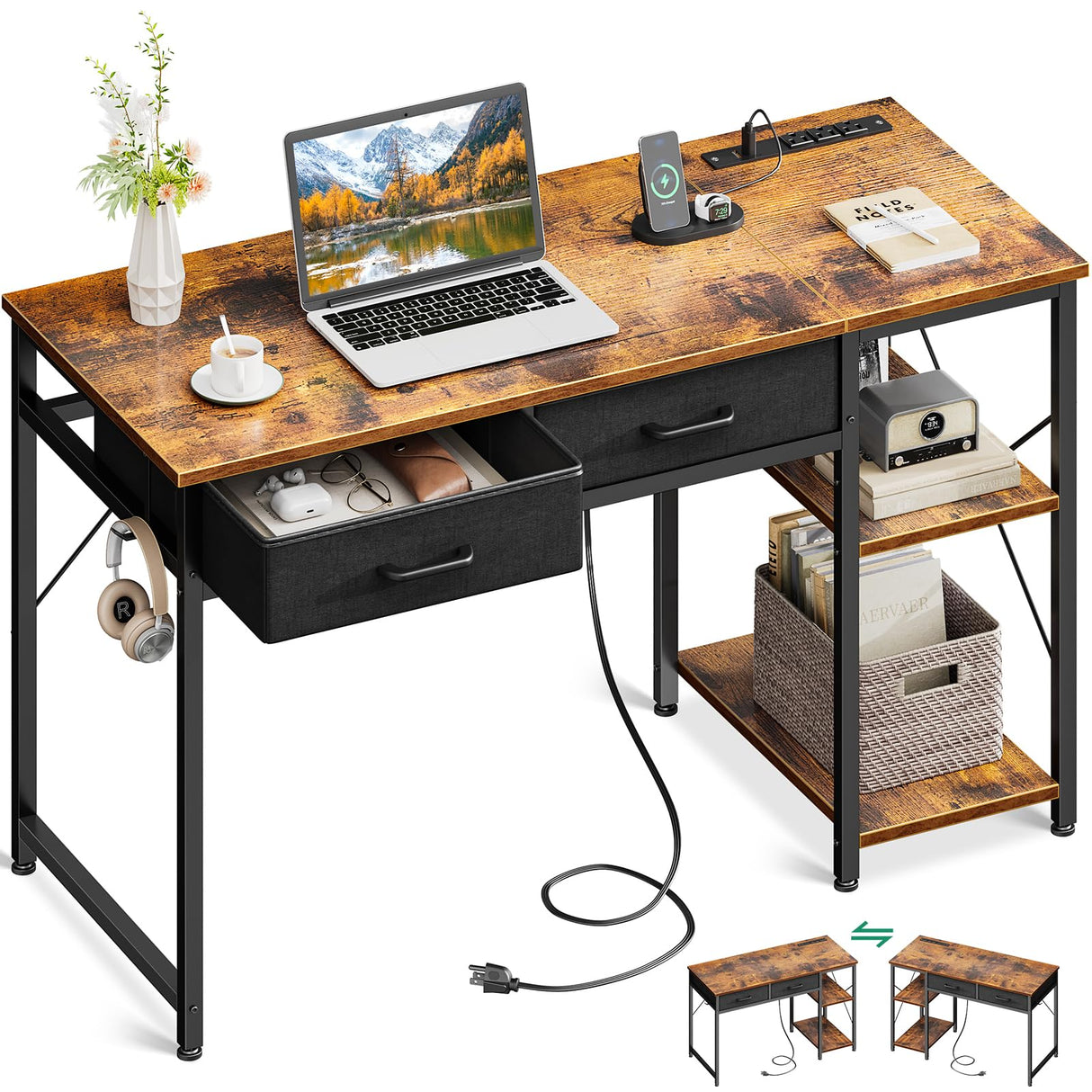 Laptop Desk, 40 Inch Small Desk with Drawers & Power Outlet for Bedroom