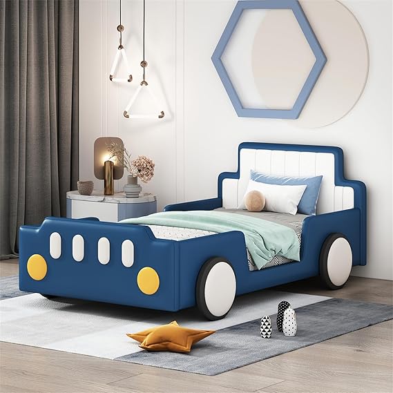 Twin Race Car Bed Frame with Wheels - Kids Platform Bed