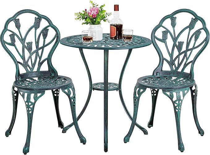 3-Piece Outdoor Bistro Set w/Floral Design, Rust-Resistant Cast Aluminum Table and Chairs w/Umbrella Hole for Balcony, Backyard, Garden, White