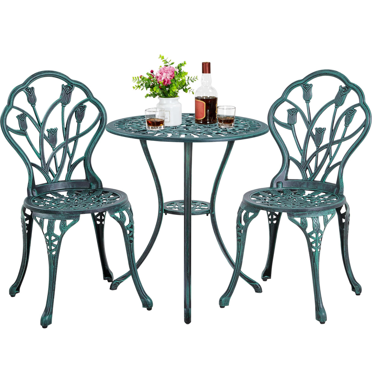 Cast Aluminum Bistro Set - 3-Piece Outdoor Patio Table and Chairs with Umbrella Hole