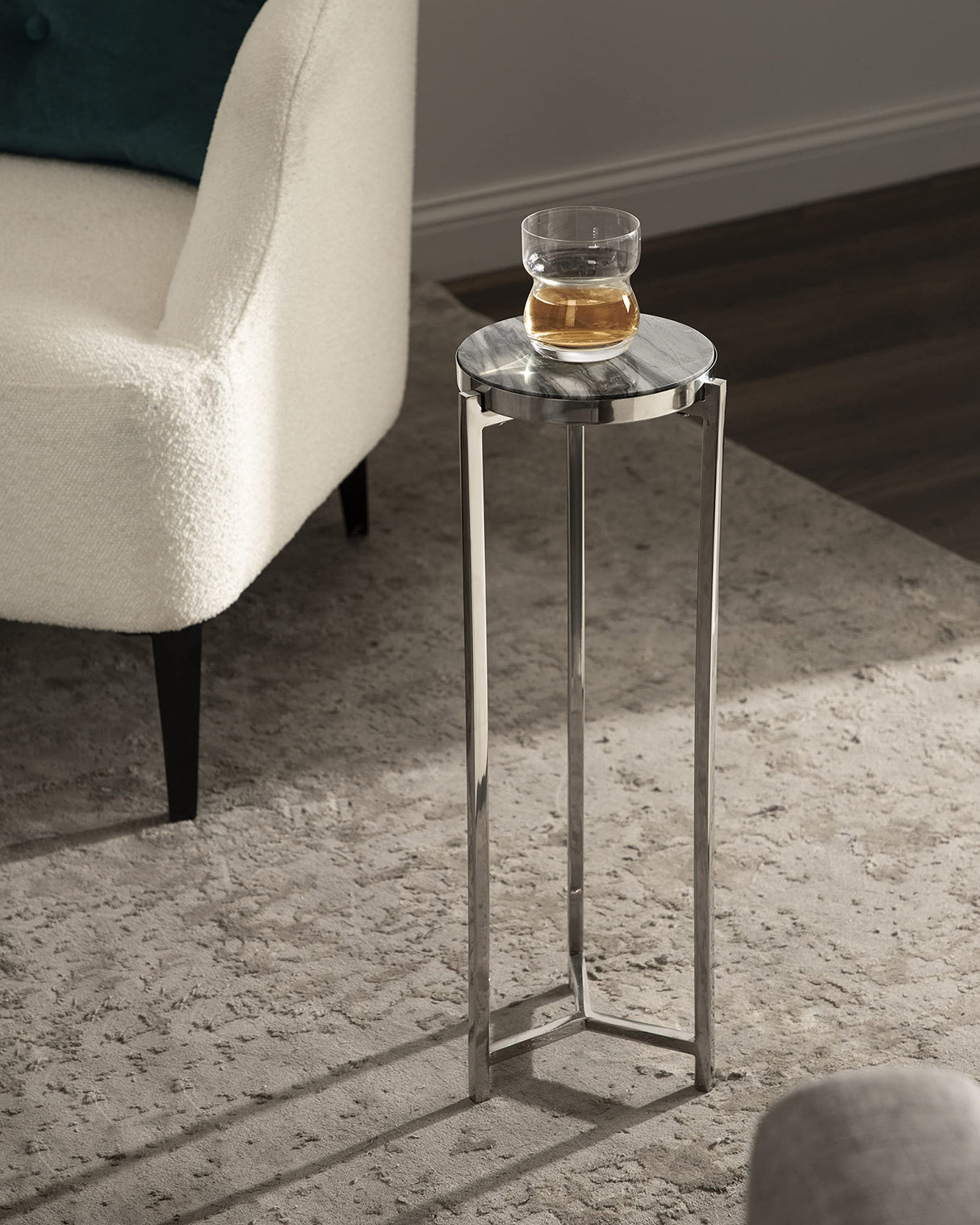Aguilar Modern Drink Table, 9 x 9 x 23, Gray and Silver, Genuine Marble Accent Table