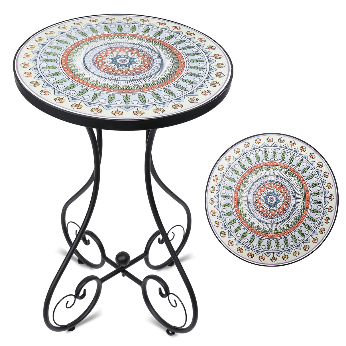 Mosaic Outdoor Side Table, Round Rustproof Patio Tables with 14" Ceramic Tile Top