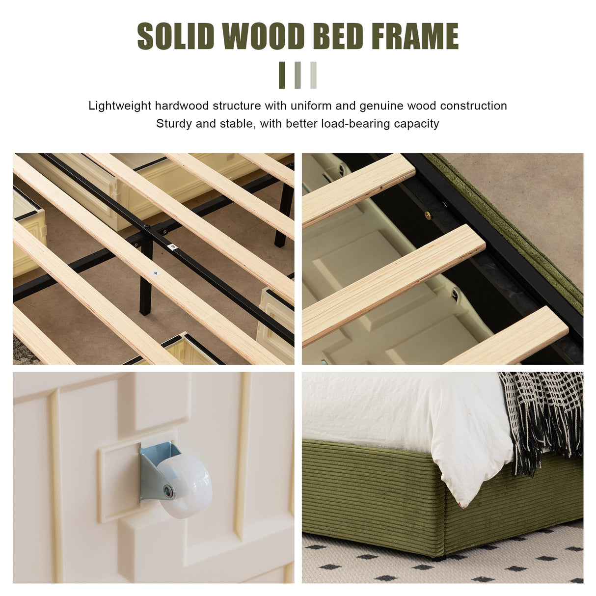 Queen Bed Frame with Storage Drawers - Upholstered Headboard