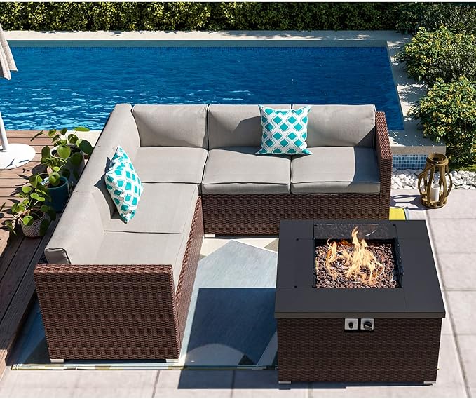 Patio Furniture Sectional Sofa w Fire Pit Table,6 Pieces Outdoor Furniture Set w 32-inch 40
