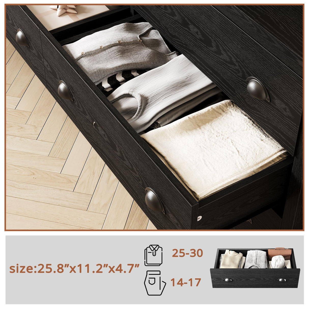 Dresser for Bedroom 6 Drawer with Charging Station, TV Stand Storage Chest of Drawers for Living Room Hallway Entryway, MDF Board, Black