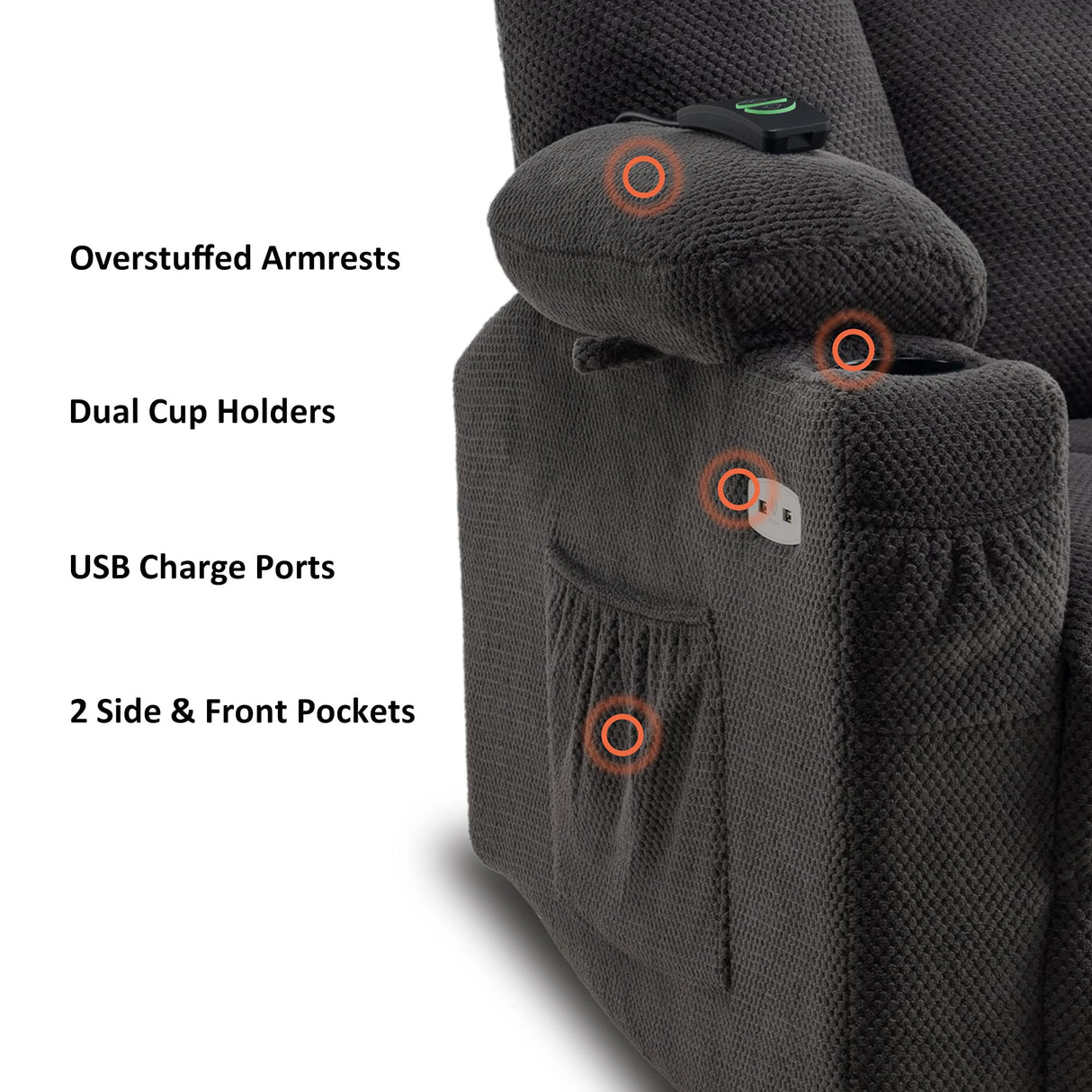 Mcombo 8-Point Massage Fabric Power Recliner Chair with Heat, USB, and Cup Holders