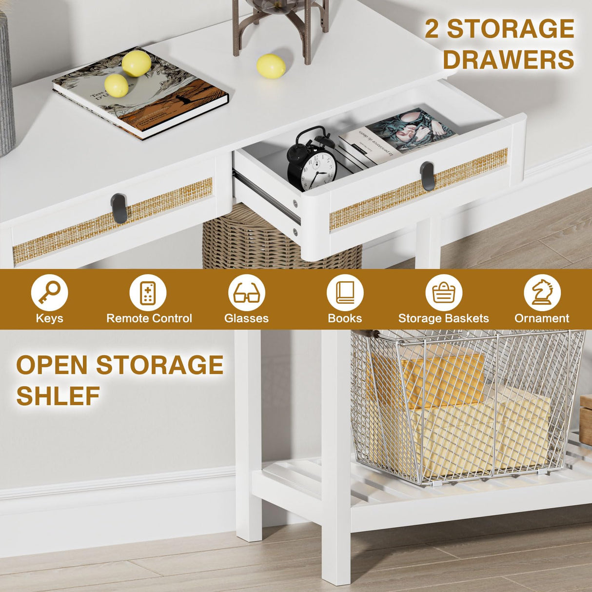 Knowlife Rattan Console Table with Drawers, Entryway Table Sofa Table with Storage Shelf, Narrow Long Behind Couch Table for Entryway, Living Room, Hallway, White