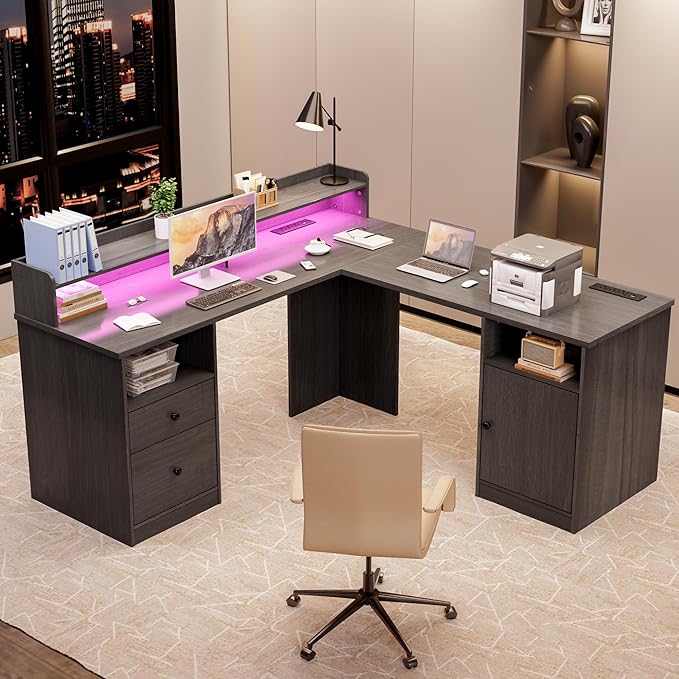 Shaped Desk with LED Lights & Power Outlets, 60" Corner Computer Desk