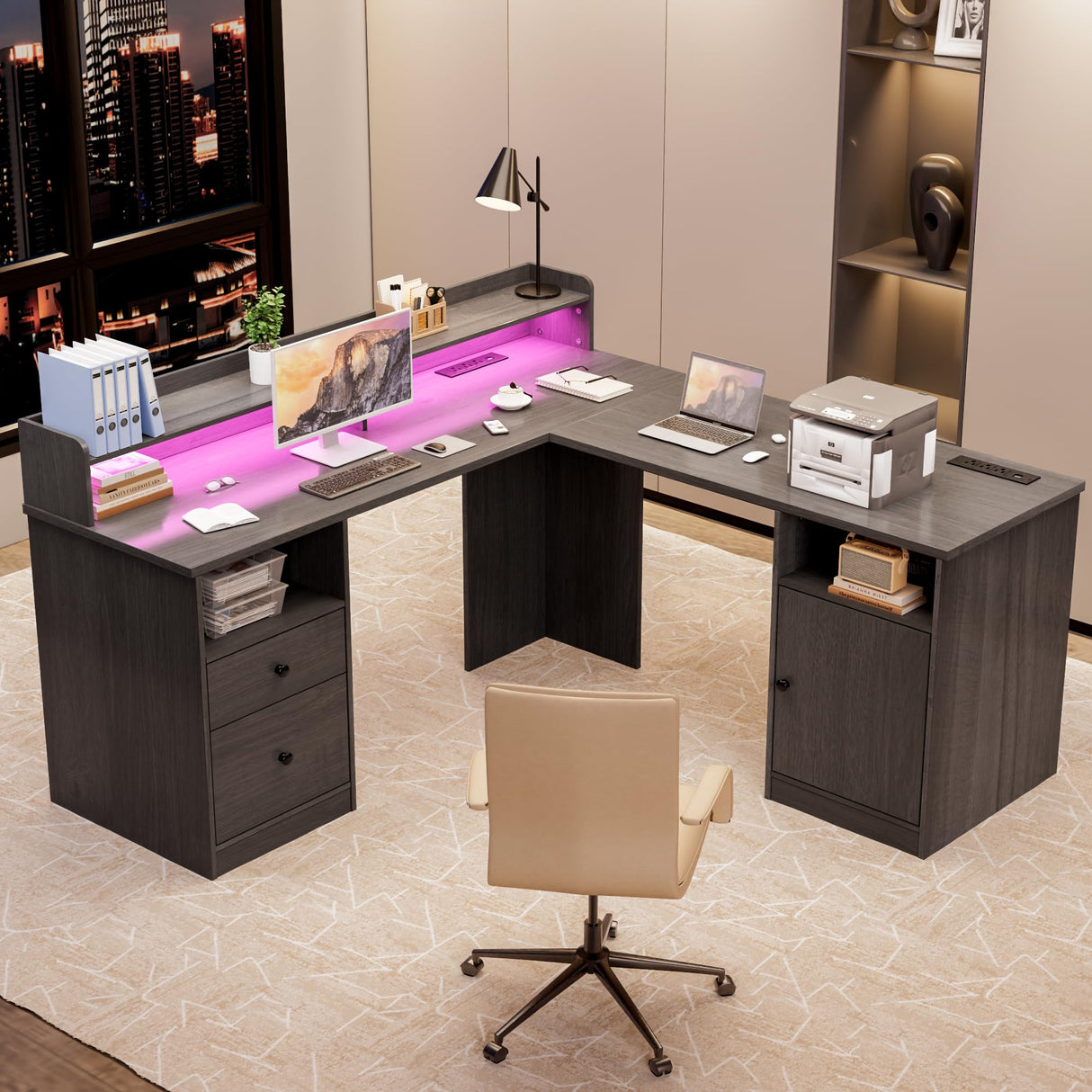 Shaped Desk with LED Lights & Power Outlets, 60" Corner Computer Desk