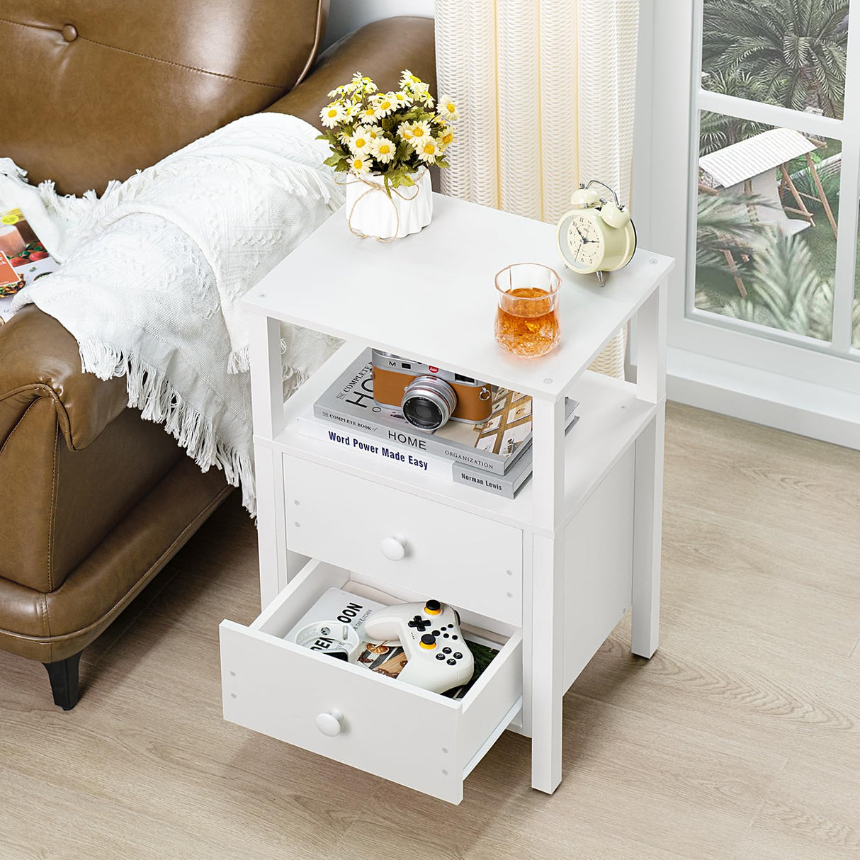 White Night Stand, Small Nightstand with 2 Wood Drawers and Storage Shelf, Modern