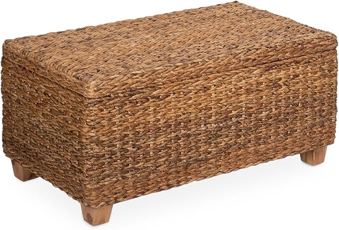 Woven Rattan Storage Coffee Table - Handwoven Natural Brown Rattan, Hidden Storage