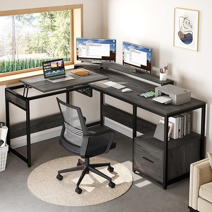 L Shaped Desk with File Drawer, 65" Large Computer Desk Corner Desk with Lift Top