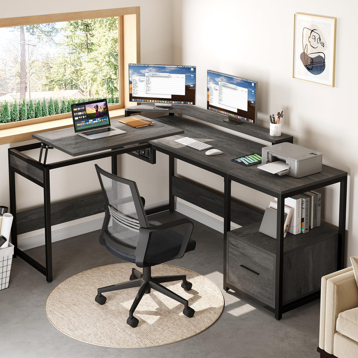 Shaped Desk with Lift Top, 65" Adjustable Standing Desk with File Drawer, Corner Computer Desk with Storage Shelves,Home Office Desk, Grey