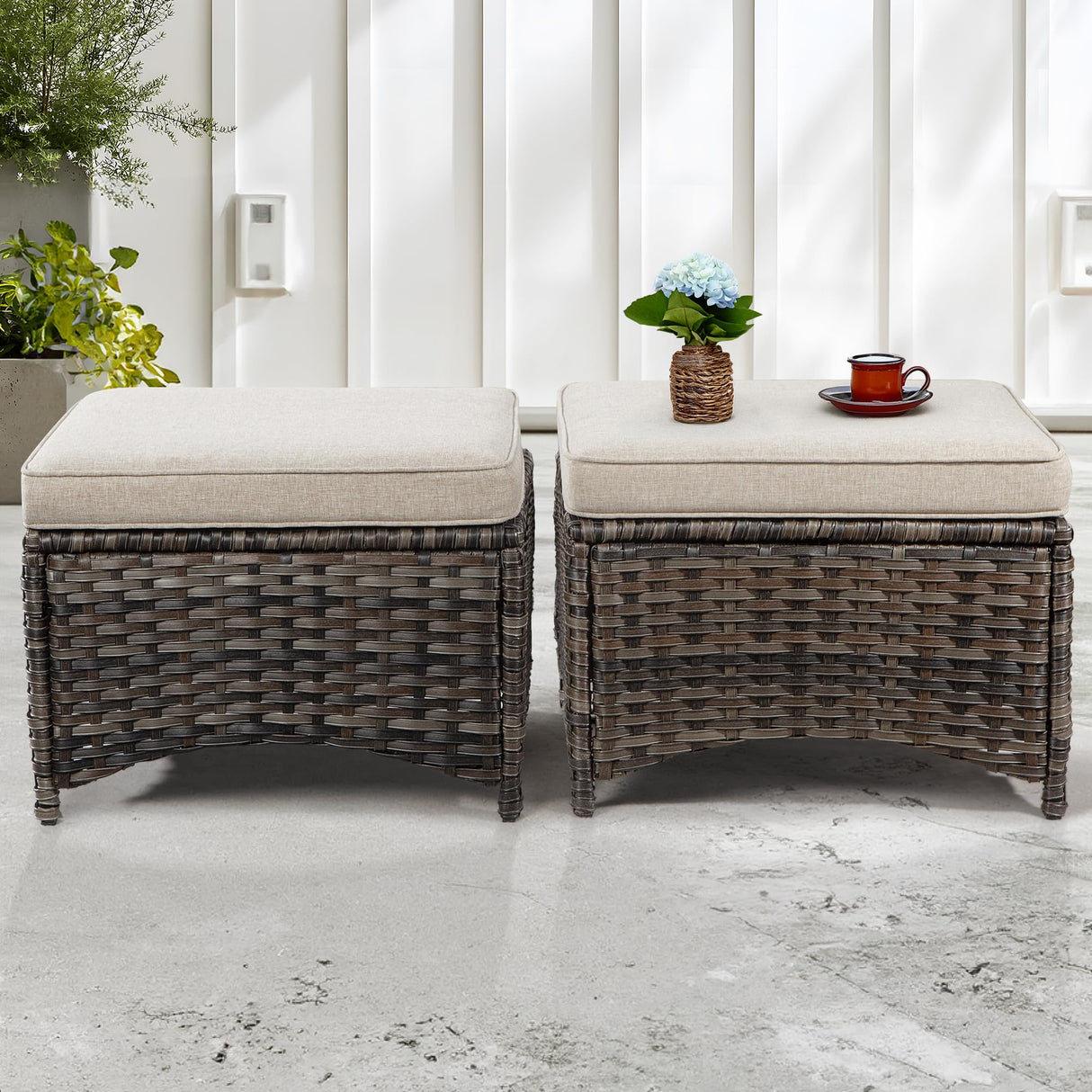 Outdoor Ottomans for Patio Set of 2 PE Wicker Steel Frame Outdoor Footstool