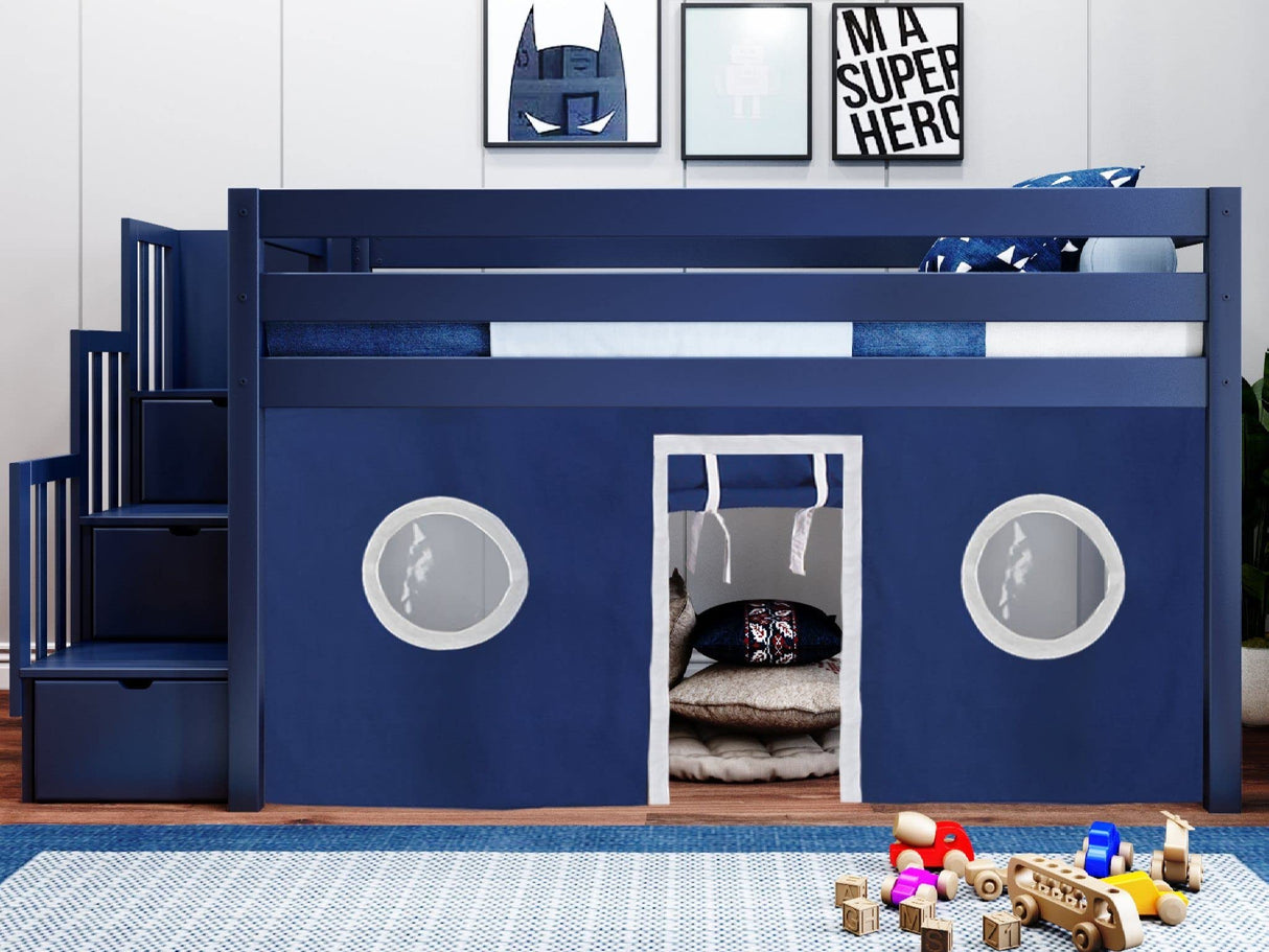 Contemporary Low Loft Twin Bed with a 3 Drawer Stairway, Blue with Blue & White Tent