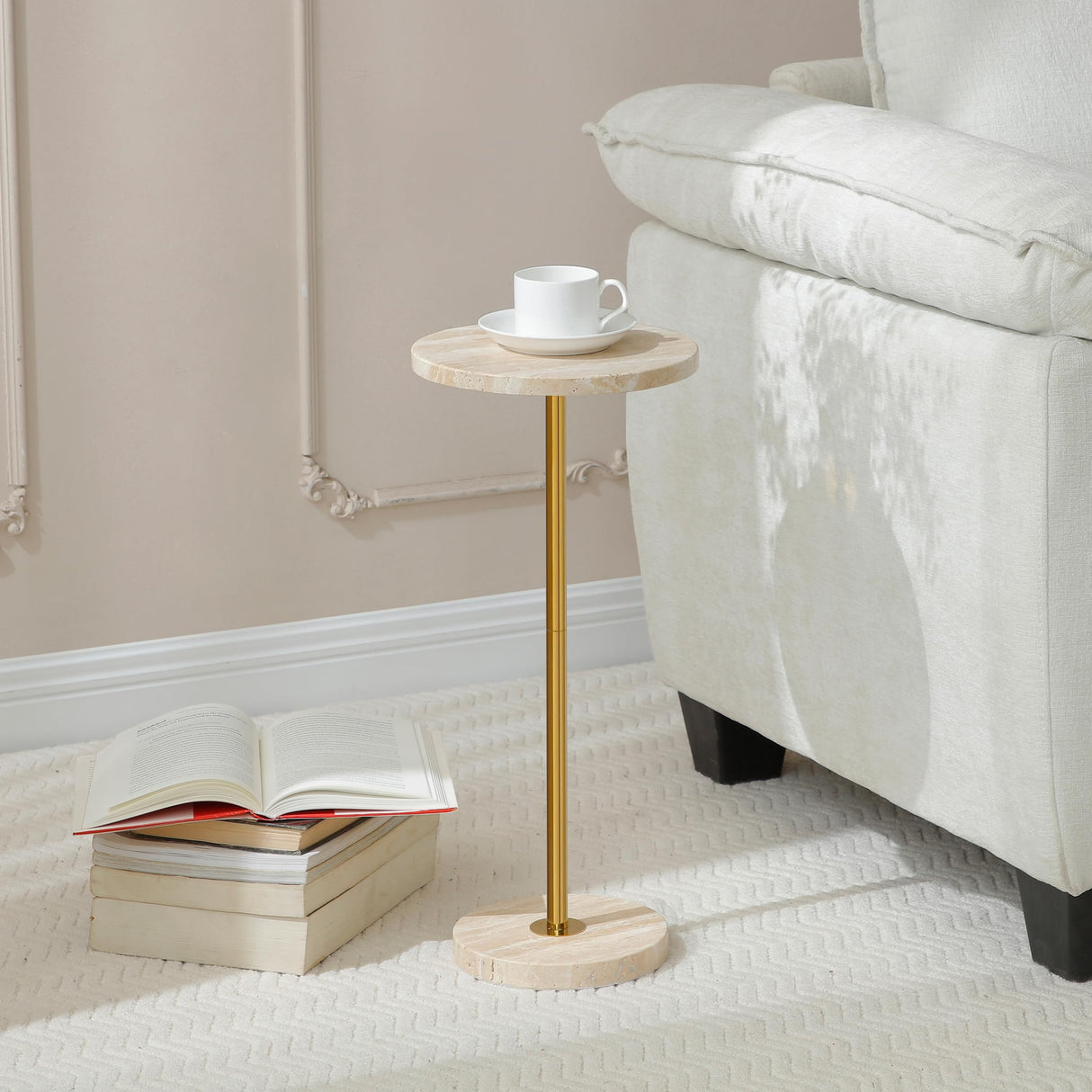 9.8-inch Marble Round Drink Table, Stone Finish Top Pedestal End Table for Living Room