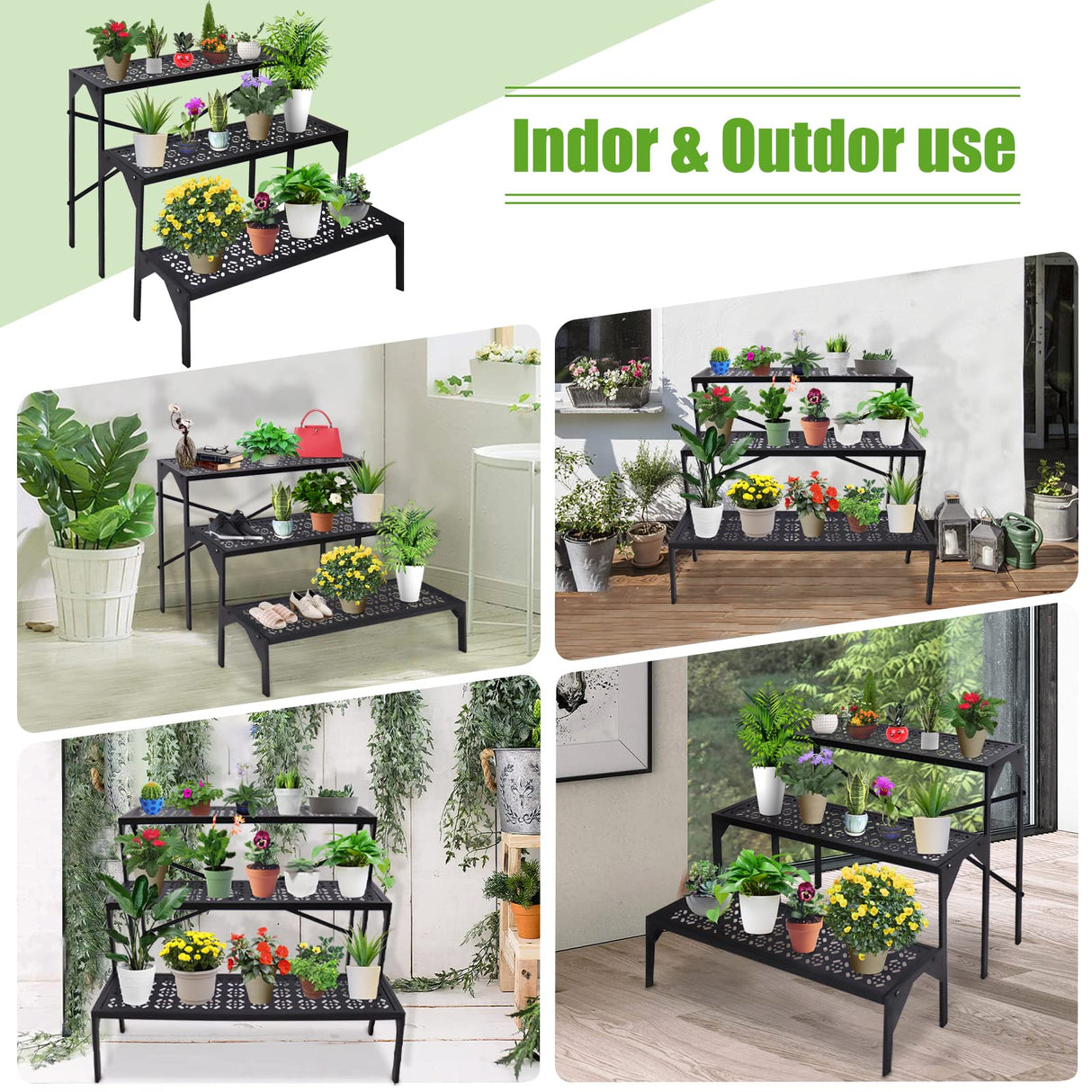 aboxoo 3 Tiers Metal Plant Stand, Ladder Flower Pots Holders, Step Display Rack, Heavy Duty Utility Storage Organizer Rack for Home Garden Patio Balcony, Stair Style Stand