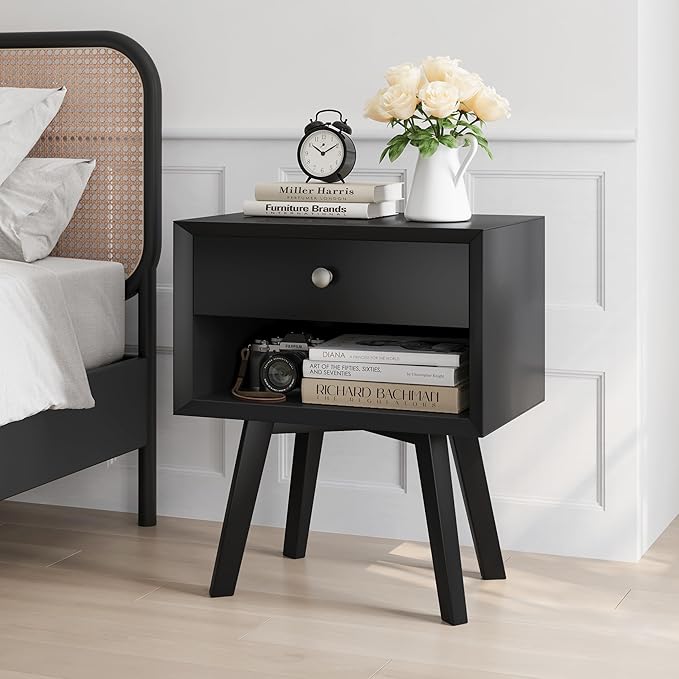 Rattan Black Nightstand, Modern Bedside Table with Storage Drawer and Open Shelf