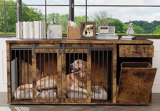 71" Double Dog Crate with Storage - Furniture Style Wooden Kennel