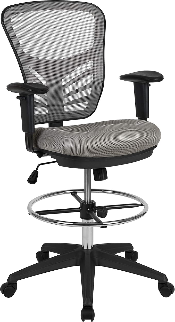 Mid-Back Light Gray Mesh Ergonomic Drafting Chair with Adjustable Chrome Foot Ring, Adjustable Arms and White Frame
