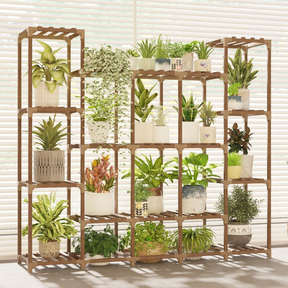 GENTINGBRO Large Wooden Plant Shelf – 5 Tier Tall Plant Stand