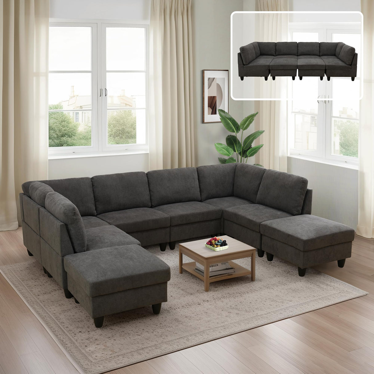 Versani Oversized U-Shaped Modular Sectional Couch – 8-Seater, Flannel Upholstery
