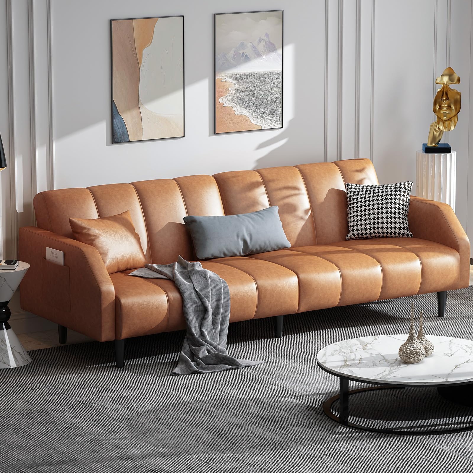 Leather Loveseat Sofa Bed, 78“ Futon Sofa Bed, Adjustable Futon Set Backrest