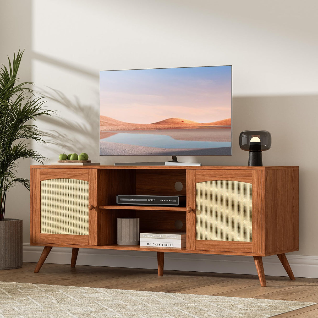Brown Rattan TV Stand for 60 Inch TV, Wooden Mid Century Modern Entertainment Center