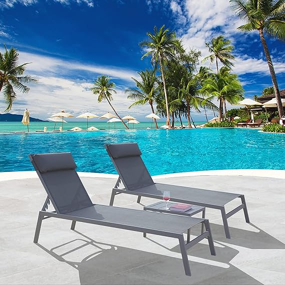 Patio Chaise Lounge Set -3 Pieces Aluminum Adjustable Pool Lounge Chairs