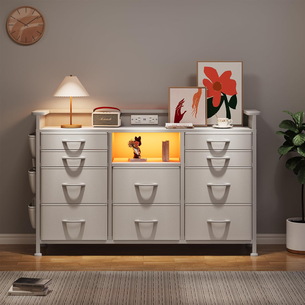 White Dresser with Charging Station and LED Lights, Dresser for Bedroom with 10 Drawers