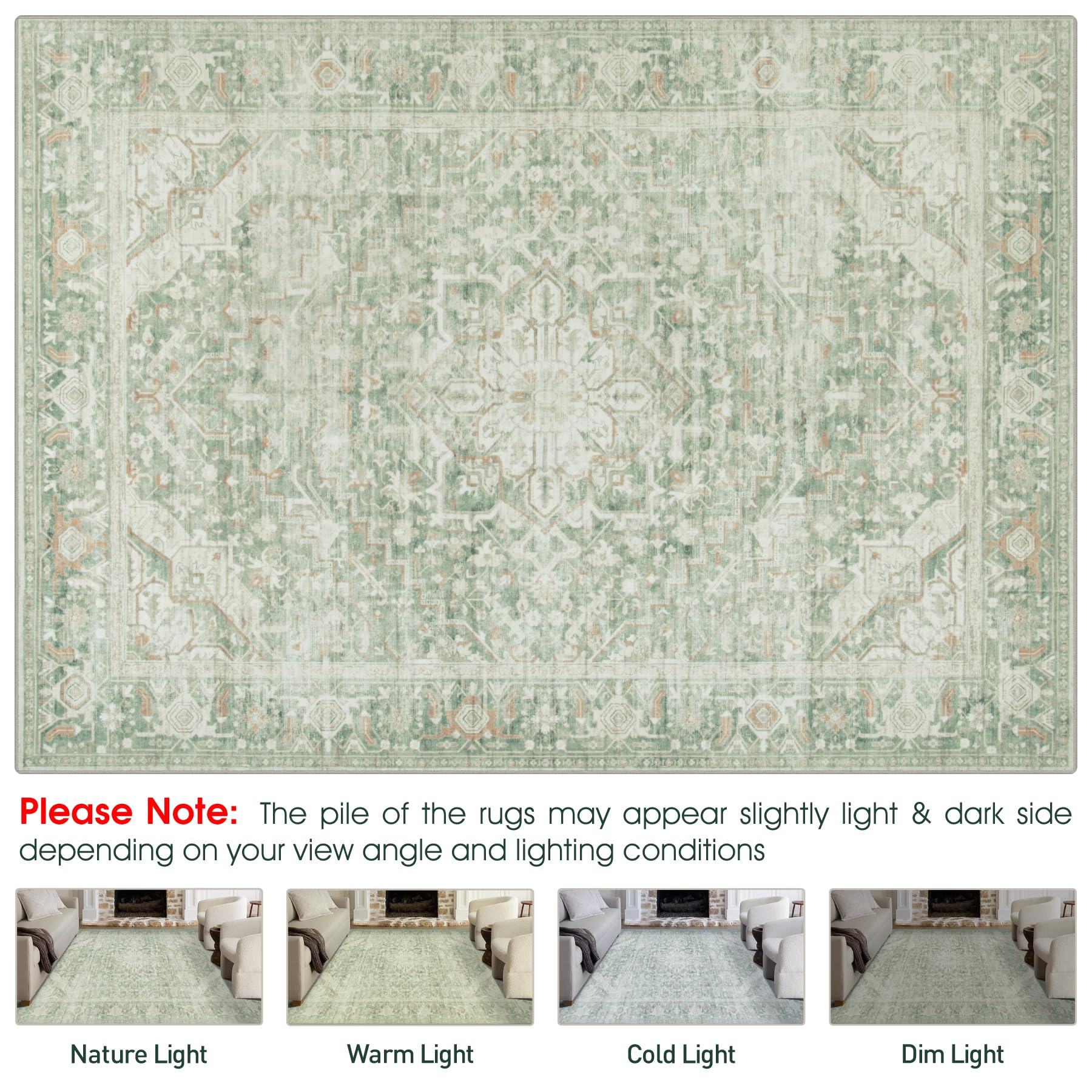 Washable Rugs 8x10 Area Rugs, Soft Vintage Living Room Rug e Nursery Entryway-Green