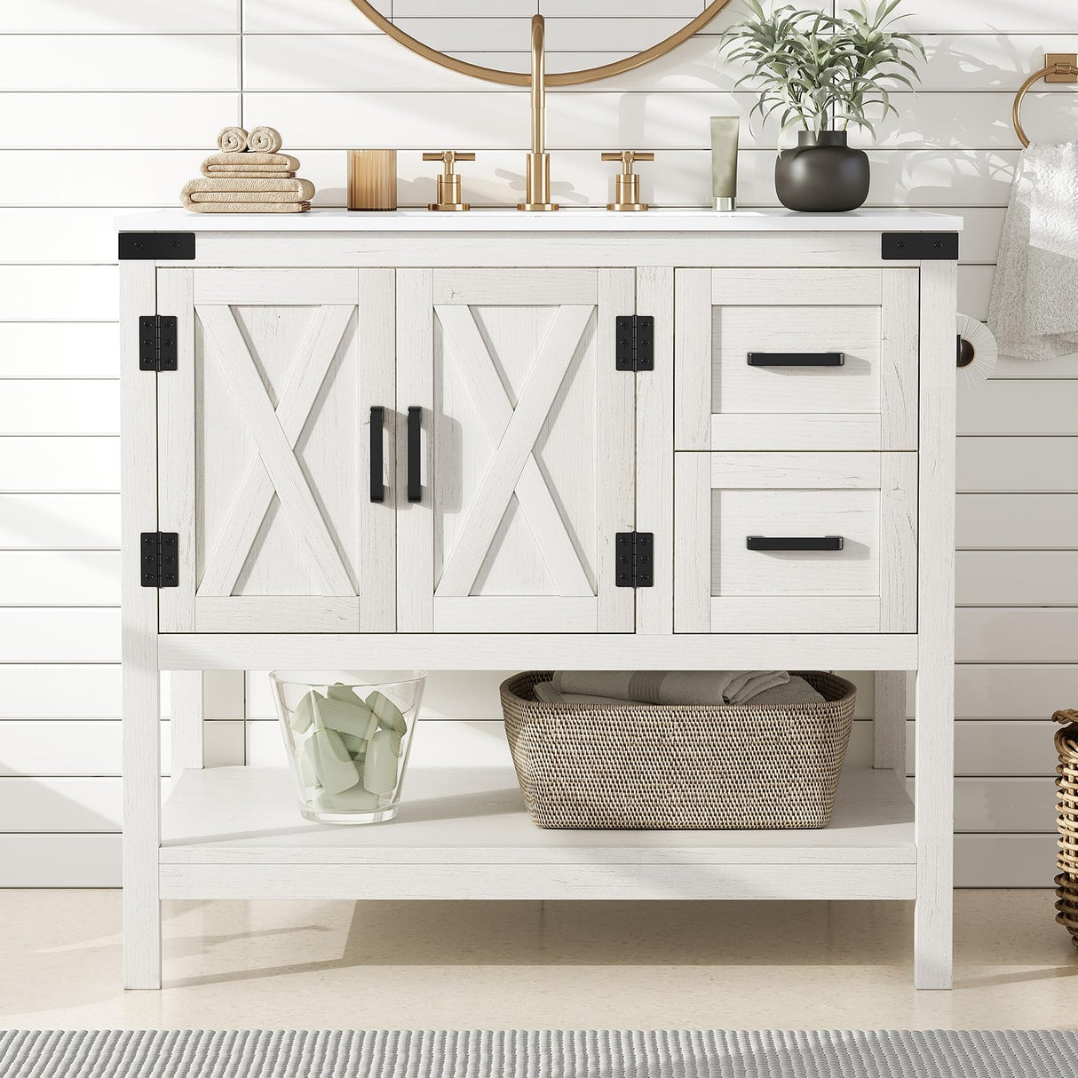 Bathroom Vanity with Sink Combo, Wood Barn Door Freestanding Small Single Bath Storage Cabinet Set