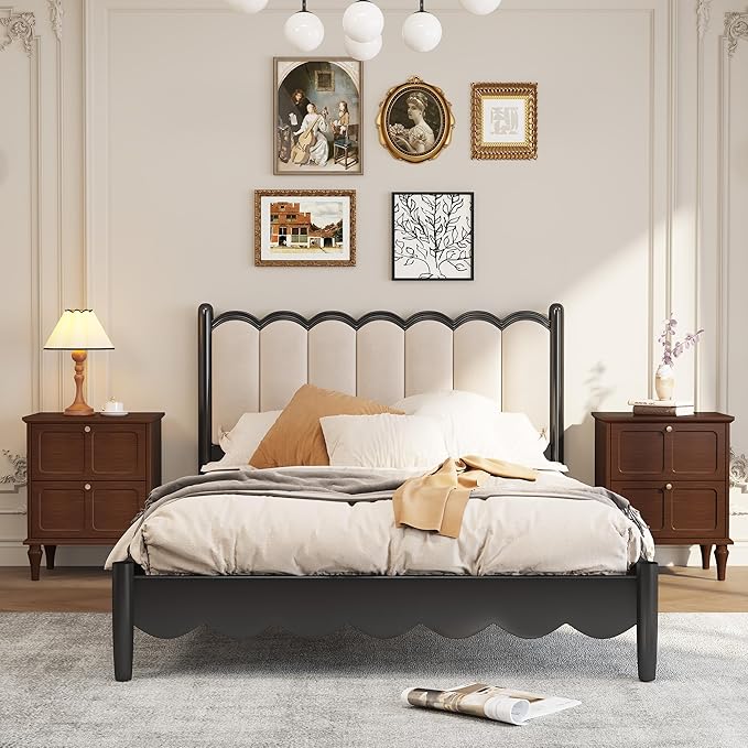 Mid-Century Modern Nightstand with Storage Drawers and Solid Wood Legs, Wood End