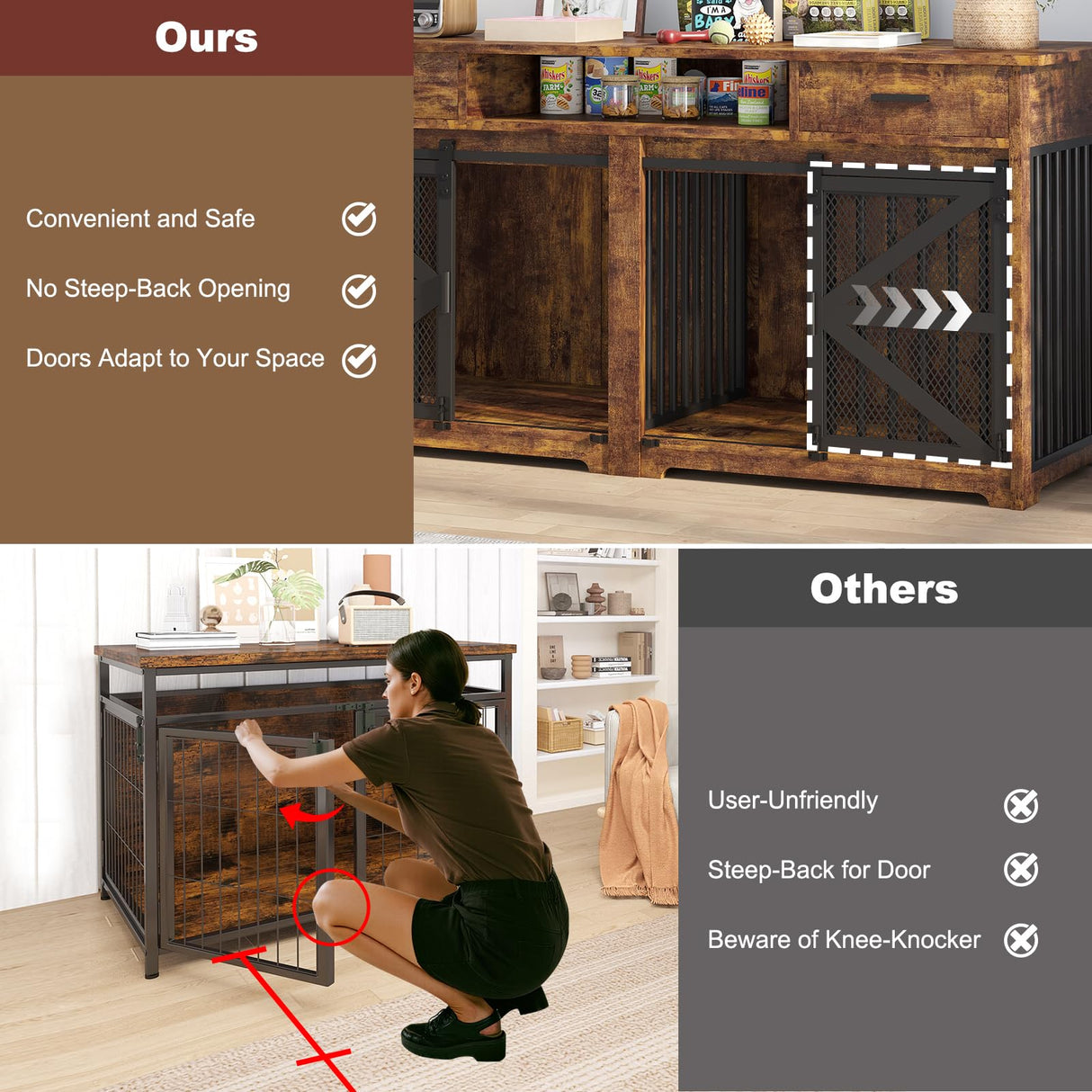 63" Double Dog Crate Furniture with Sliding Door & Charging Station