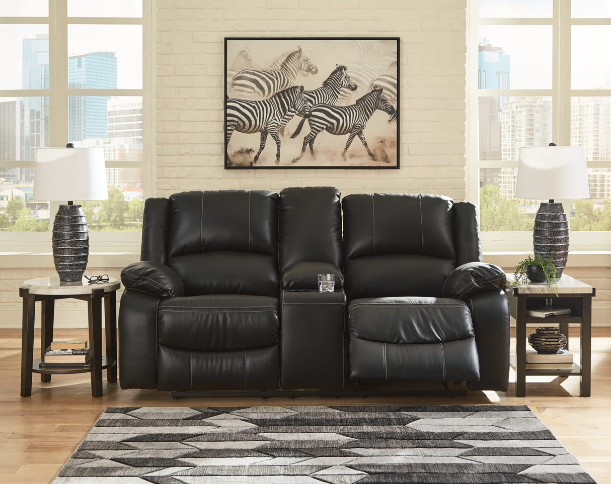 Calderwell Faux Leather Manual Double Reclining Loveseat with Storage Console, Black