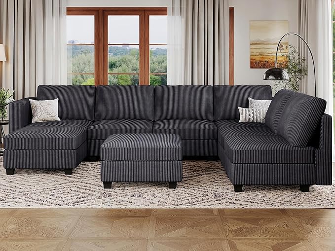 U Shape Couch with Storage Ottoman Corduroy Sectional Couch