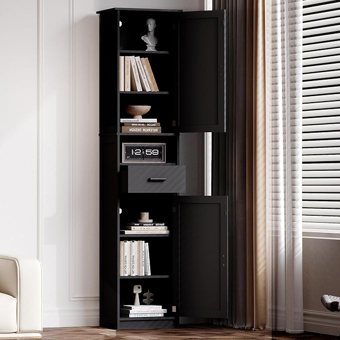 69“ Tall Bathroom Cabinet Features 2 Doors, 1 Open Shelf Drawer