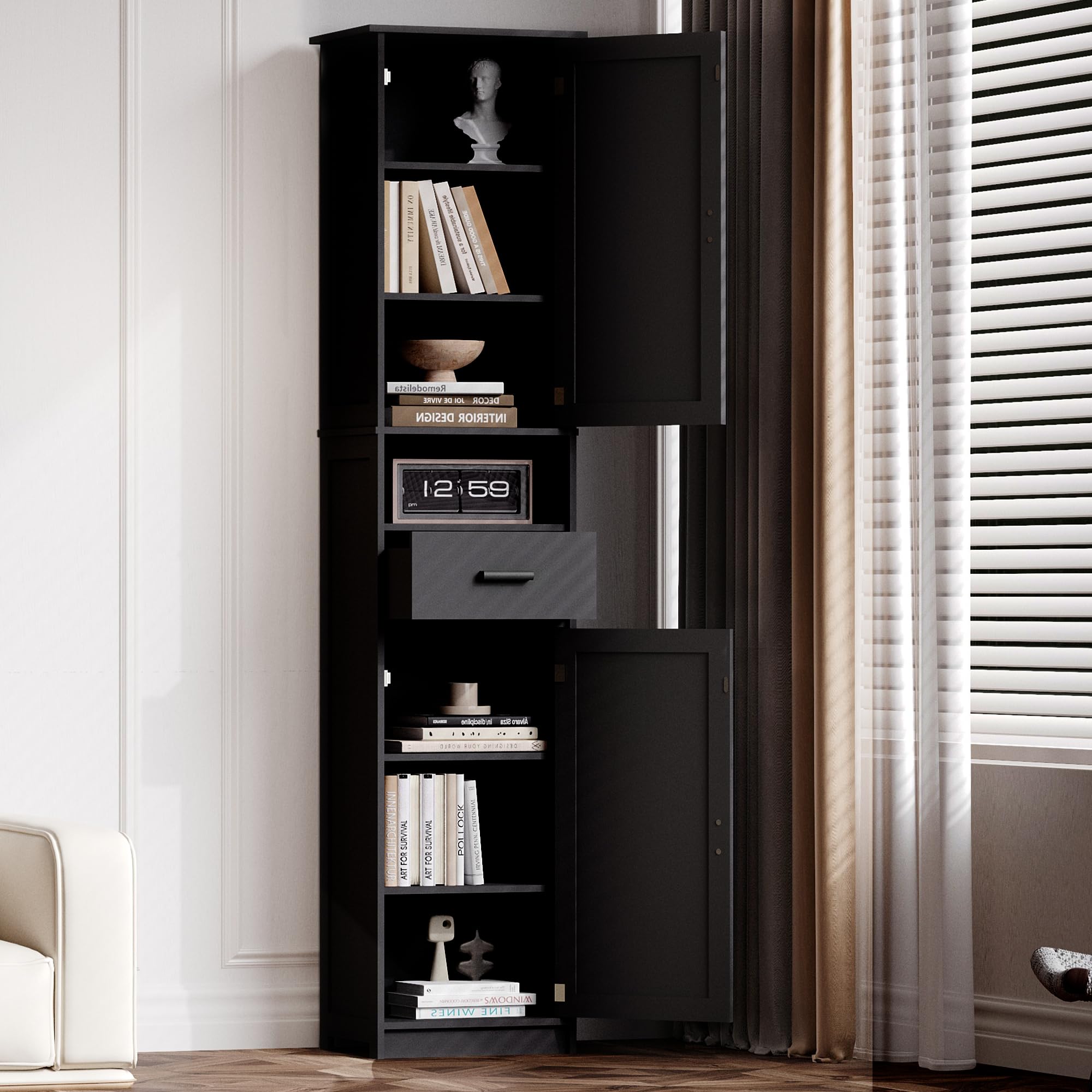 69“ Tall Bathroom Cabinet Features 2 Doors, 1 Open Shelf Drawer