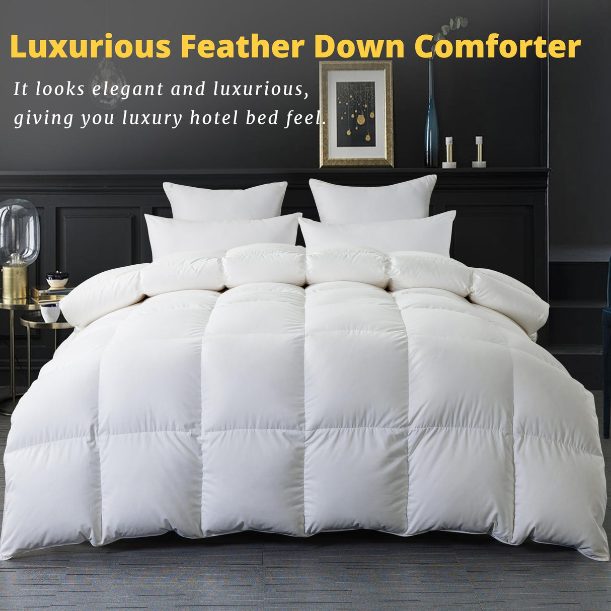 ELNIDO QUEEN Goose Feather Down Comforter Queen Size - All Season White Down Duvet Insert - Luxurious Fluffy Hotel Style Bedding Comforter - Ultra Soft 100% Cotton Cover - Queen (90x90 Inch)