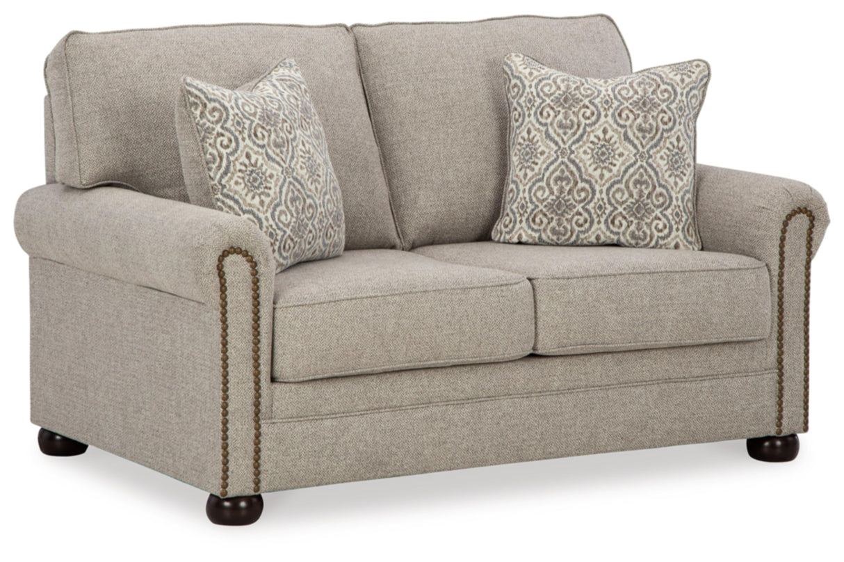 Gaelon Transitional Loveseat with Nailheads and 2 Accent Pillows, Beige