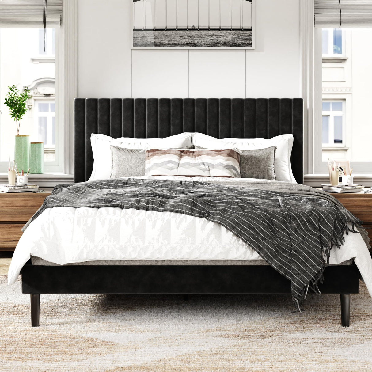 Queen Velvet Platform Bed Frame with Upholstered Headboard