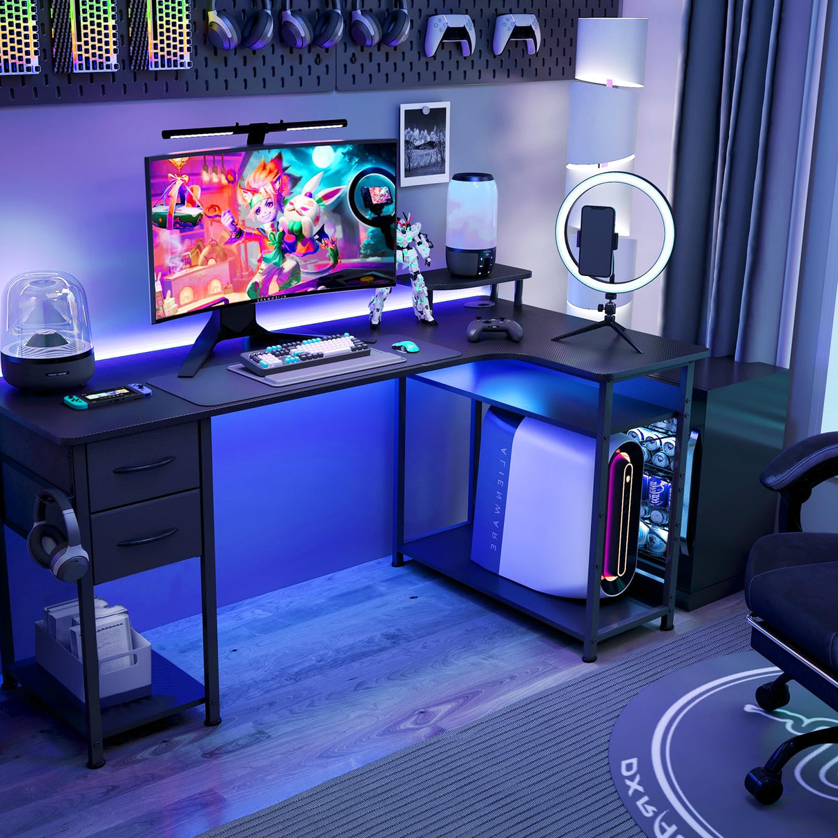 Gaming Desk with Drawers, Carbon Fiber Style L Shaped Computer Desk Compatible