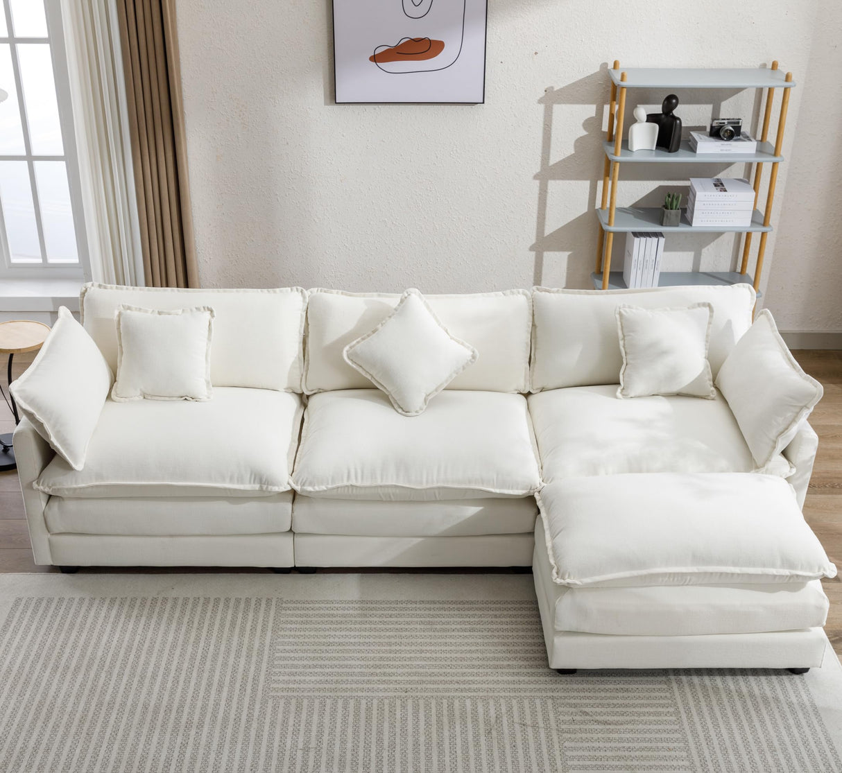 Modular Sectional Sofa Couch L-Shaped with Convertible Ottoman for Living Room, Modern Contemporary 3-Seat Sofa Couch for Apartment Office, Chenille Fabric, Beige