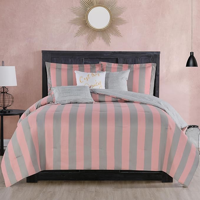 Cabana Stripe Reversible Bedding Set - King Size - Black and Hot Pink Stripe Print