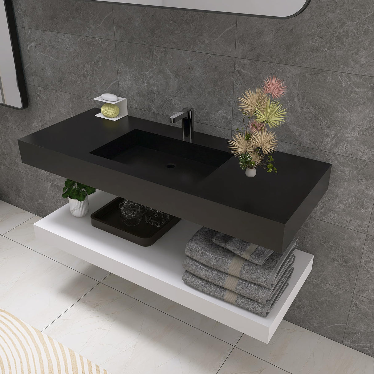 47"x19" Wall Mount Bathroom Vanity ,Bathroom Vanities with Sink Black Stone Resin