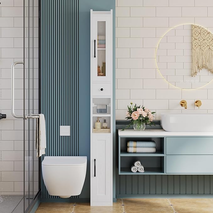 Tall Bathroom Cabinet with Drawer and Door, 71" H Slim Freestanding Narrow Storage Cabinet